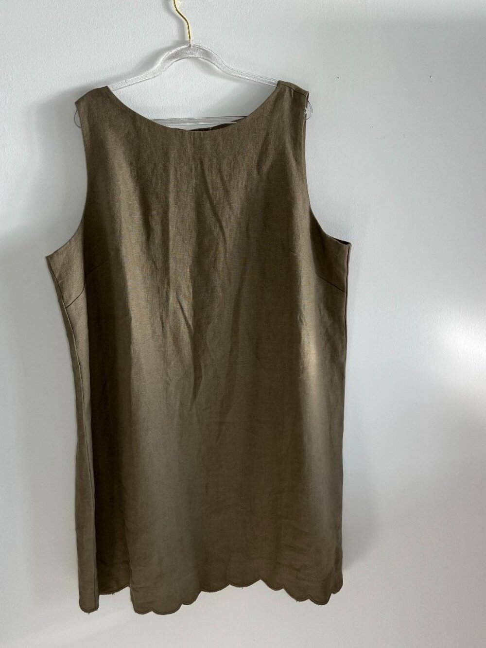 J. Crew 100% Linen Sleeveless Shift Dress XXL Khaki Green Button Back hem detail